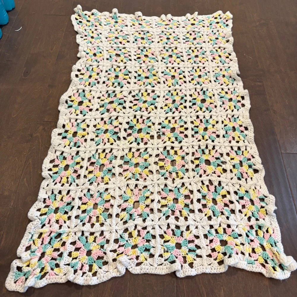 Handmade Crochet Granny Square Baby Blanket Pastel Pink Yellow Green Cream